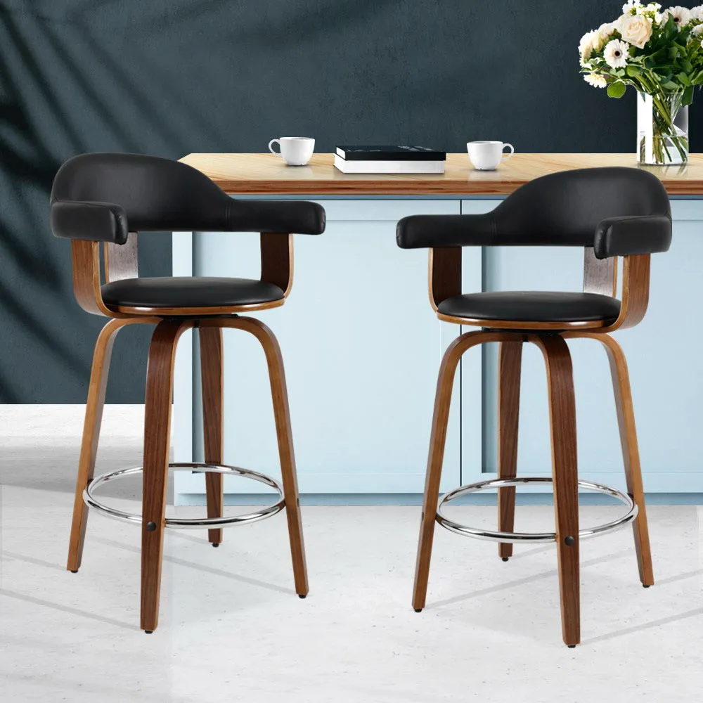 Two Bar Stools Leather Seat Wooden Legs