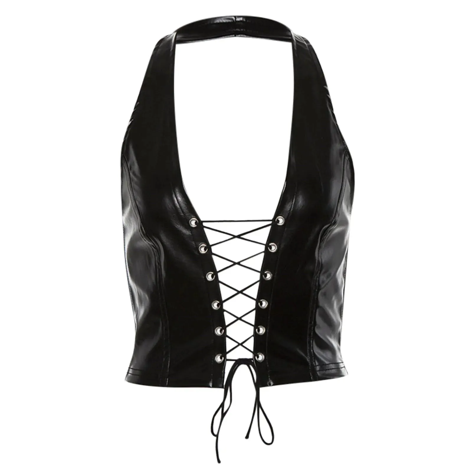 Uniwim Sexy Y2k Leather Crop Top Women Halter Lace-Up Backless Slim Tank Top Sleeveless Deep V-Neck Streetwear Punk Camisole Night Club