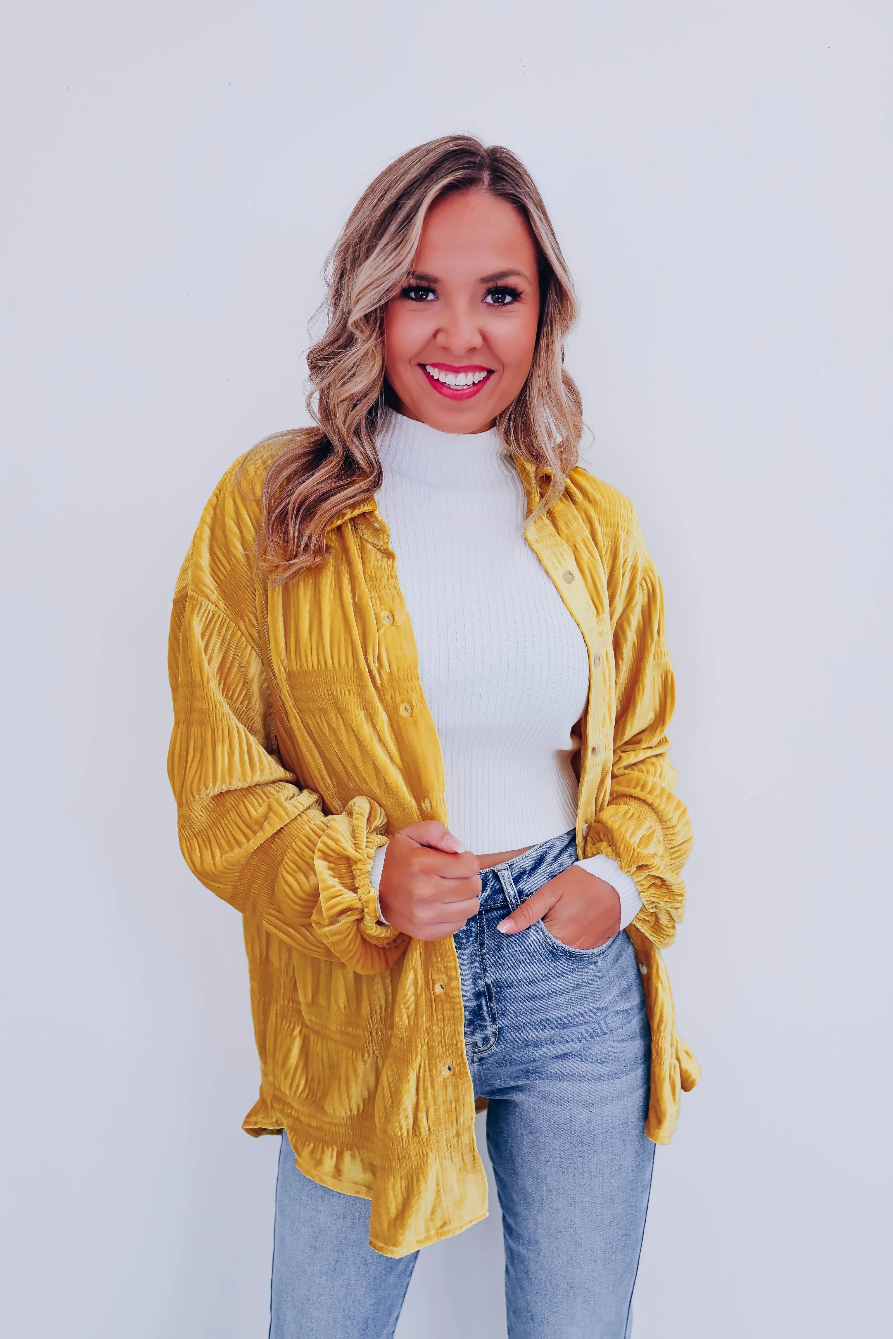 Velveteen Smocked Shacket - Mustard