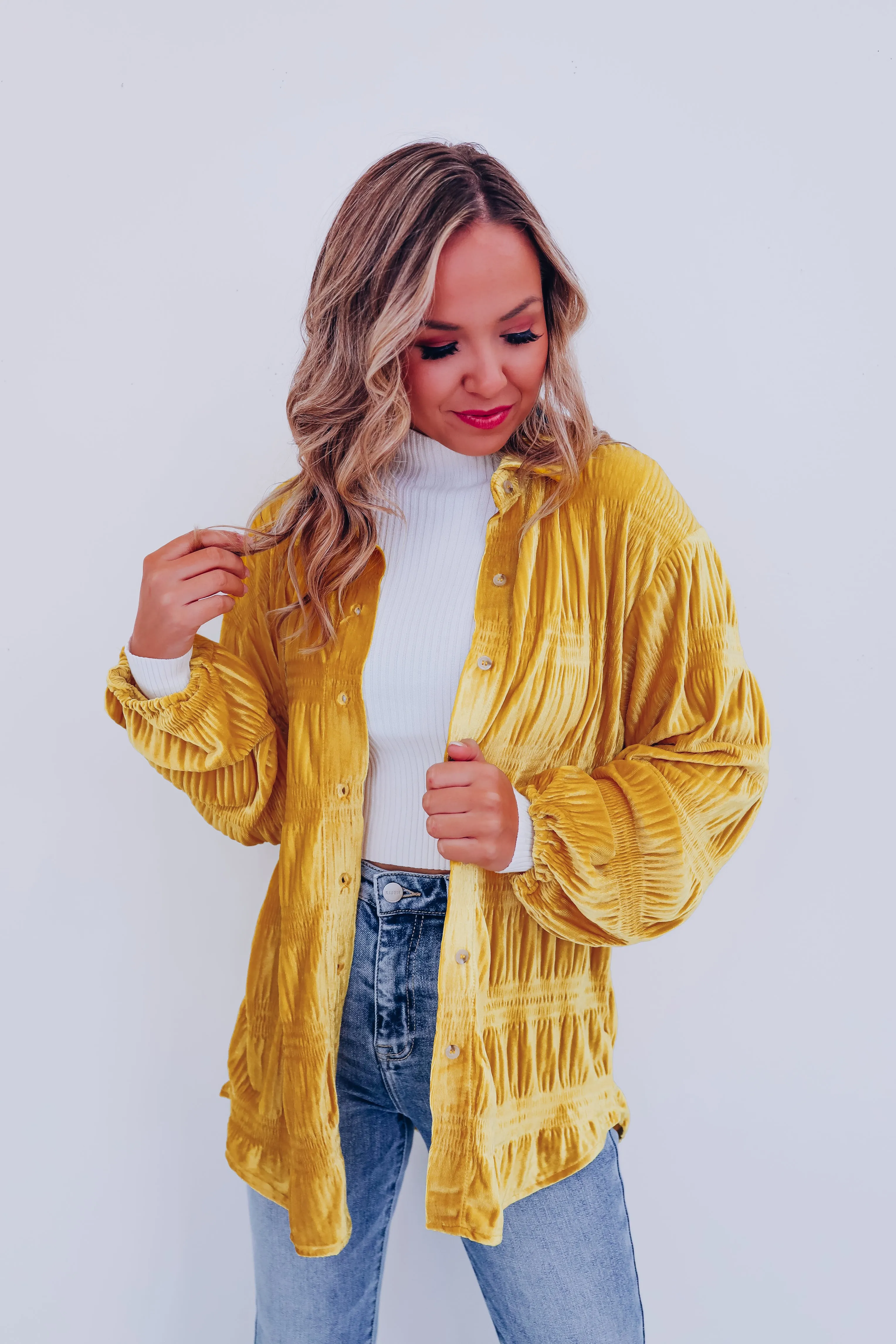 Velveteen Smocked Shacket - Mustard