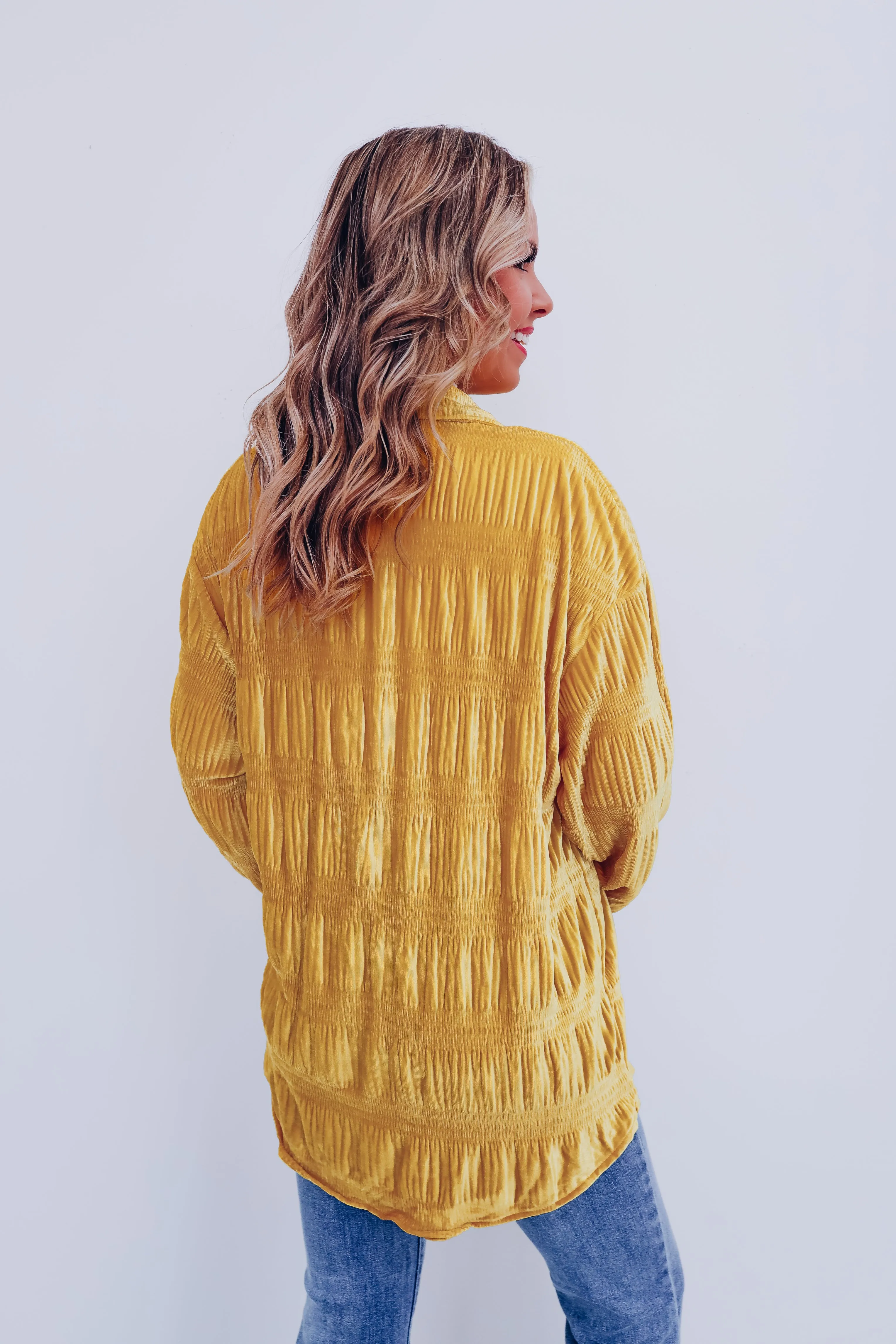 Velveteen Smocked Shacket - Mustard