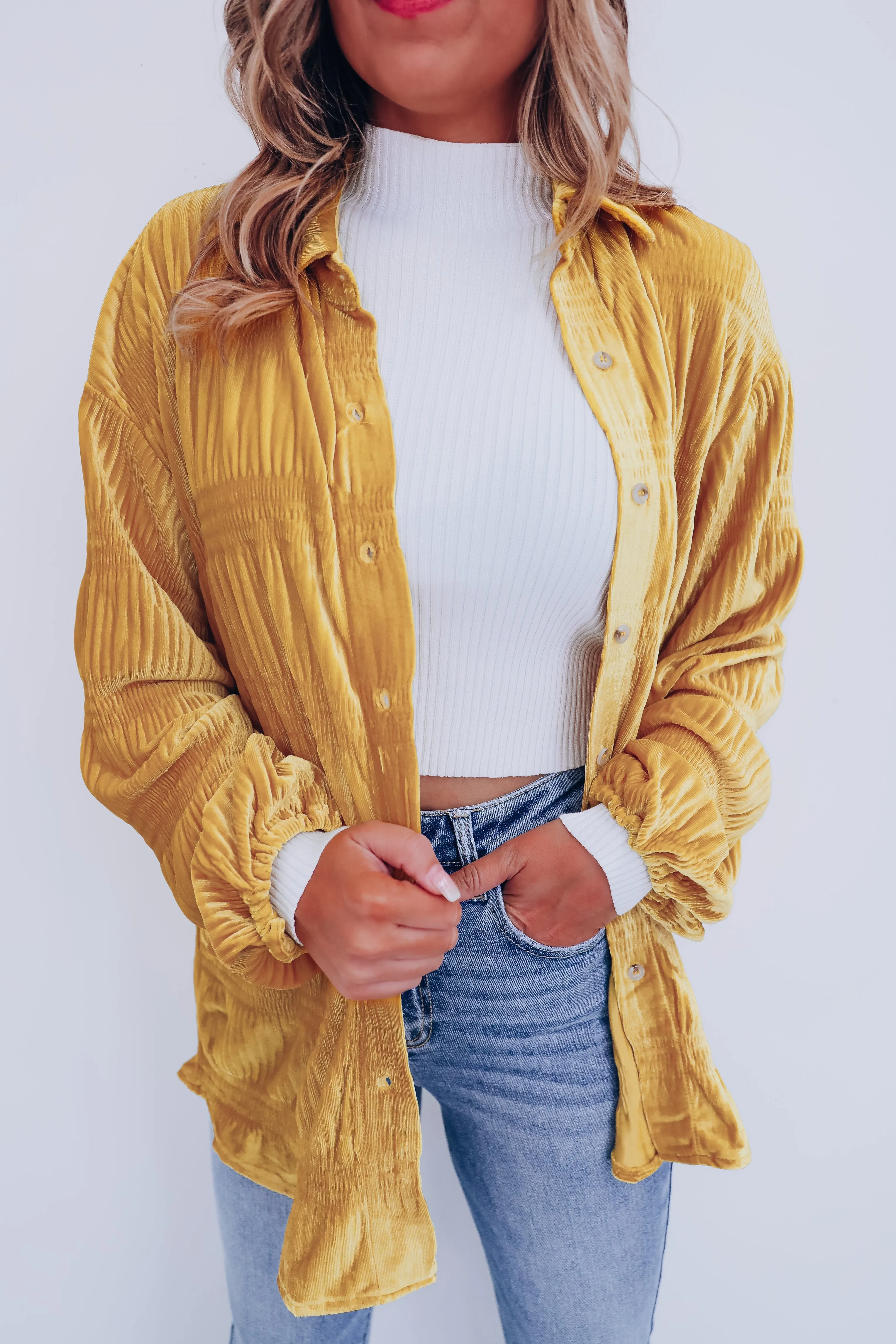 Velveteen Smocked Shacket - Mustard