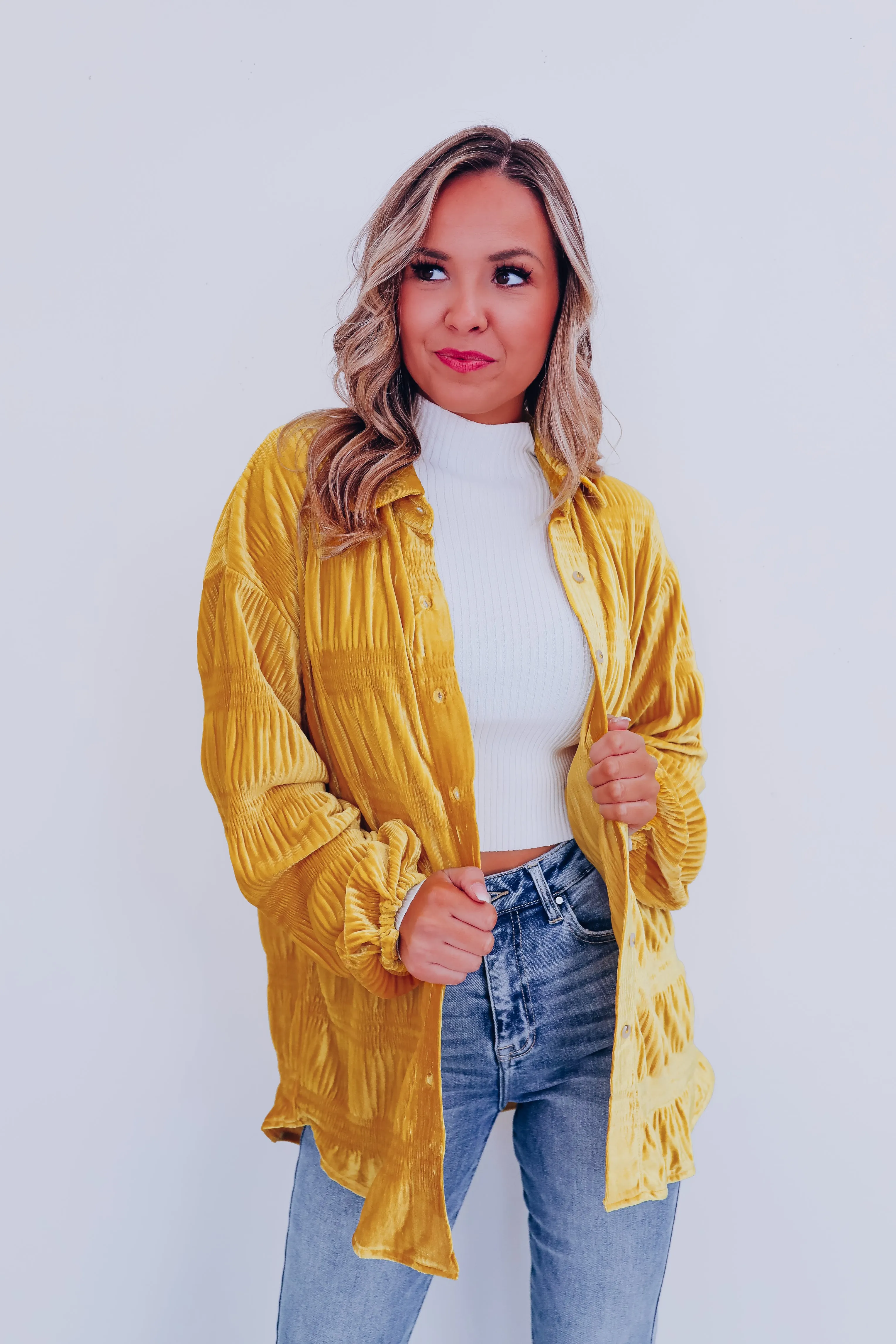 Velveteen Smocked Shacket - Mustard