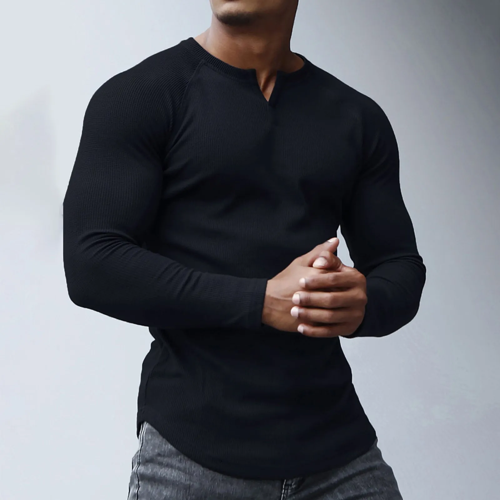 WAFFLE HENLEY NECK LONG SLEEVE T-SHIRT