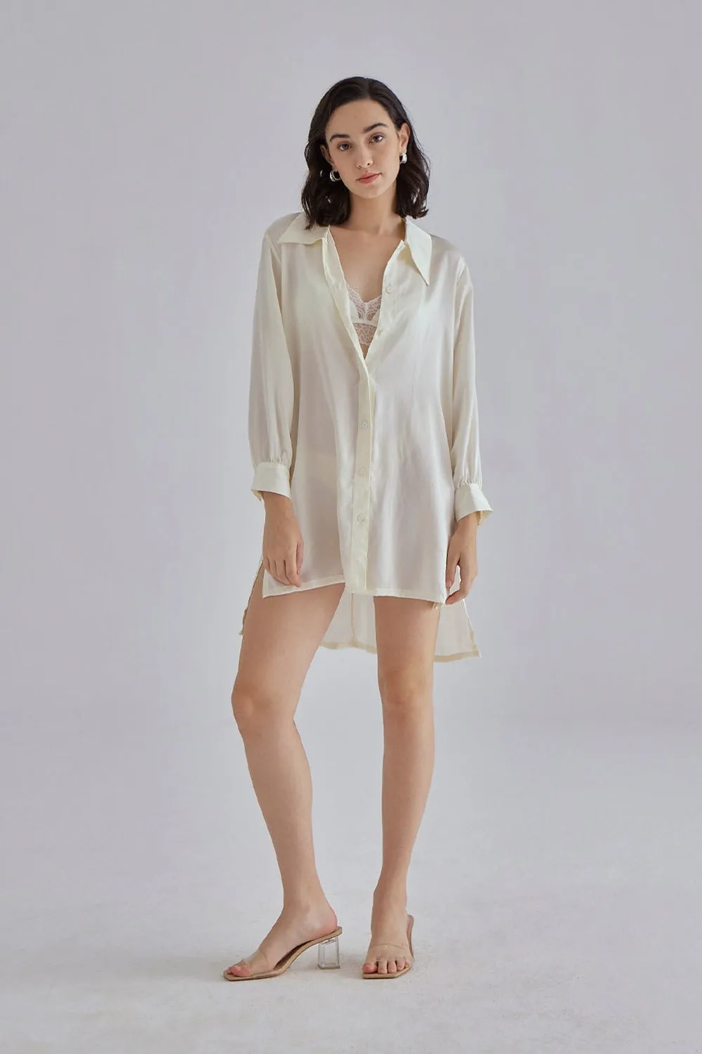 White Oversized Boyfriend Silky Blouse Shirt