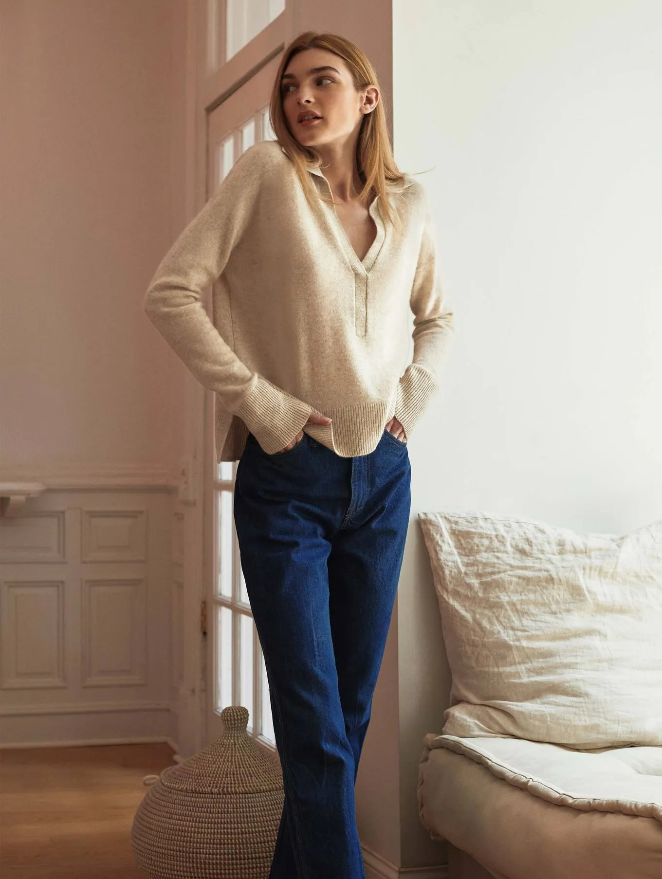 White   Warren - Recycled Cashmere Polo Sweater in Putty