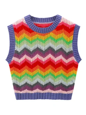 Women Fashion Rainbow Crop Knit Vest Sweater Vintage O Neck Sleeveless Female Waistcoat Chic Tops B-049