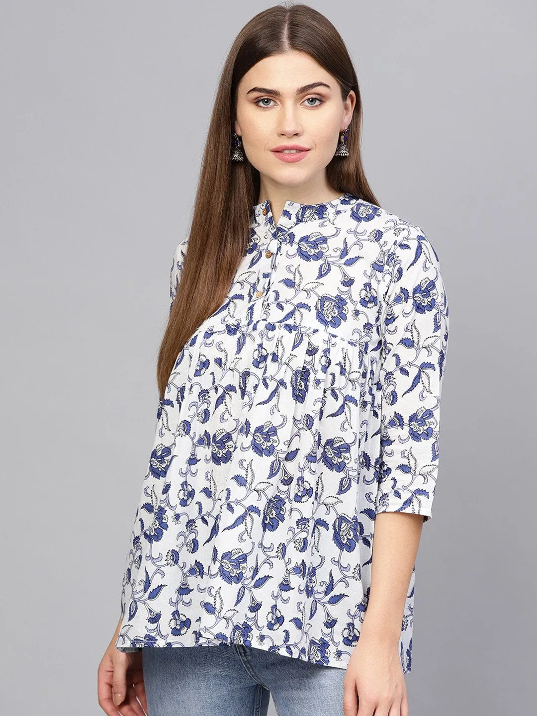 Women Off-White & Blue Printed A-Line Tunic