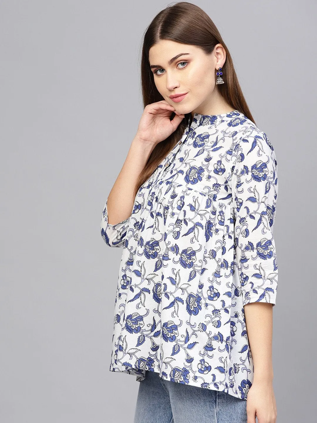 Women Off-White & Blue Printed A-Line Tunic