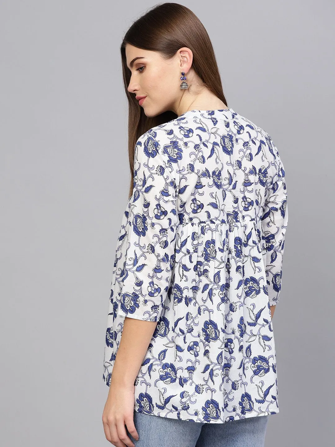 Women Off-White & Blue Printed A-Line Tunic