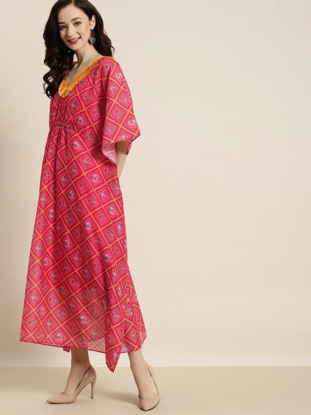 Women Pink Patola Kaftan With Slip