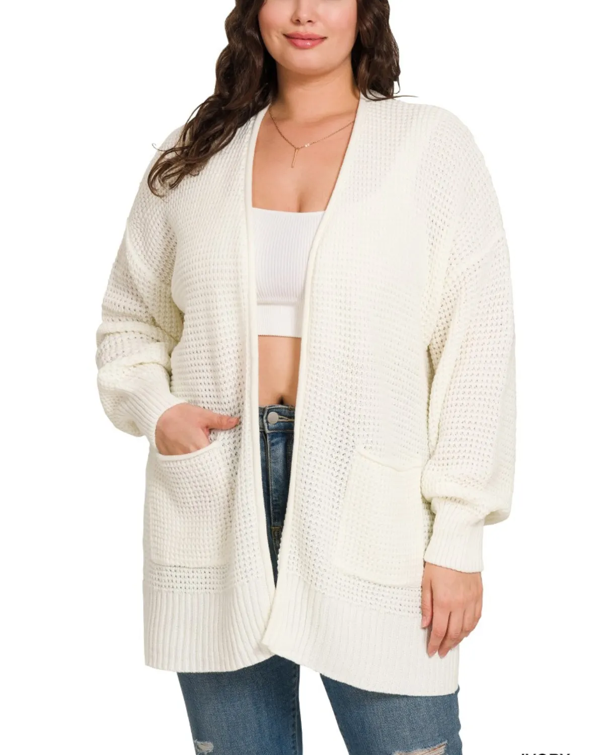 Zeanna Plus Waffle Cardigan Sweater - Tw-2734Xs